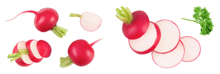 Radish with slices isolated on white background.