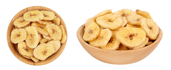 Dried banana chips in wooden bowl isolated on white background with full depth of field. Top view. Flat lay