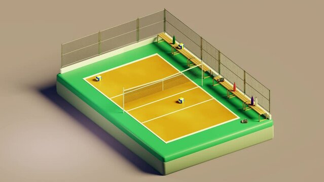 3D isometric loop of volleyball court with net and balls