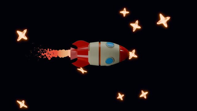 Loop 3d animation of a rocket flight in space. The rocket is flying along a straight trajectory in outer space.