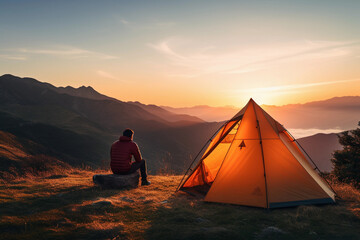 Man traveling with tent camping on mountain top outdoor adventure lifestyle hiking active extreme summer vacations sunset and clouds view