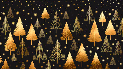 Seamless pattern with golden Christmas trees on dark background