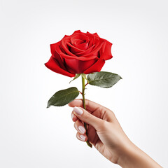 Female hand holding a red rose on white background, Generative AI