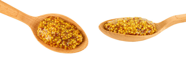 french mustard in wooden spoon isolated on white background with full depth of field. Top view. Flat lay.