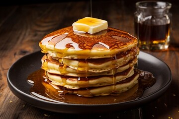 A delicious stack of fluffy pancakes topped with maple syrup and a pat of butter.