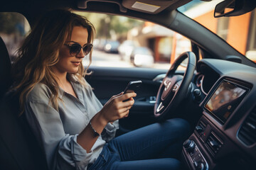 Naklejka premium Well dressed businesswoman text messaging from a car 