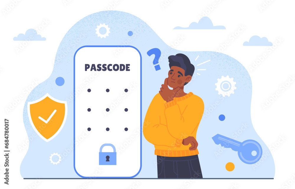 Poster lock screen at smartphone concept. man with mobile phone. safety and security system. gadget or devi