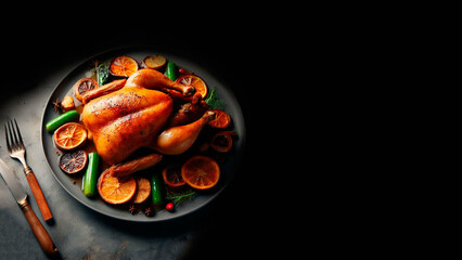 baked chicken served on oranges on a black background