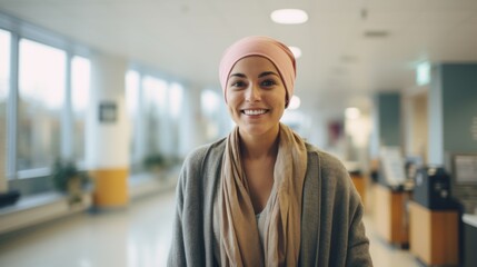 Bold young woman cancer patient smiling at hospital