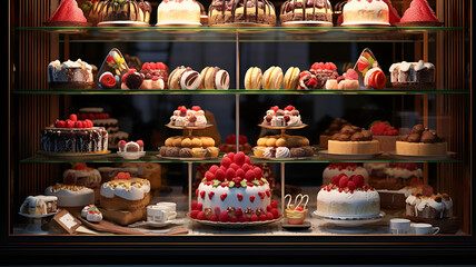 Showcase in a candy store. A variety of sweet pastries.