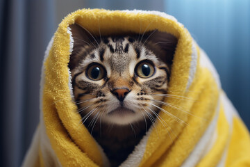 Funny striped cat in a yellow towel after bathing in the bathroom. 