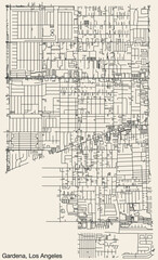 Detailed hand-drawn navigational urban street roads map of the CITY OF GARDENA of the American LOS ANGELES CITY COUNCIL, UNITED STATES with vivid road lines and name tag on solid background