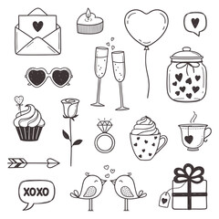 Set of love, romance, Valentines day theme design elements in doodle style
