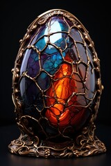 A colorful glass egg sitting on top of a table.