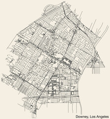 Fototapeta na wymiar Detailed hand-drawn navigational urban street roads map of the CITY OF DOWNEY of the American LOS ANGELES CITY COUNCIL, UNITED STATES with vivid road lines and name tag on solid background