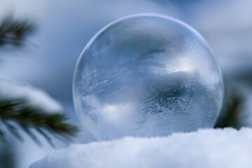 frozen soap bubble at a cold wintry morning 