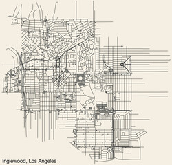 Fototapeta na wymiar Detailed hand-drawn navigational urban street roads map of the CITY OF INGLEWOOD of the American LOS ANGELES CITY COUNCIL, UNITED STATES with vivid road lines and name tag on solid background