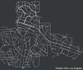 Obraz premium Detailed hand-drawn navigational urban street roads map of the CITY OF HIDDEN HILLS of the American LOS ANGELES CITY COUNCIL, UNITED STATES with vivid road lines and name tag on solid background