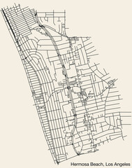 Detailed hand-drawn navigational urban street roads map of the CITY OF HERMOSA BEACH of the American LOS ANGELES CITY COUNCIL, UNITED STATES with vivid road lines and name tag on solid background