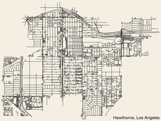 Detailed hand-drawn navigational urban street roads map of the CITY OF HAWTHORNE of the American LOS ANGELES CITY COUNCIL, UNITED STATES with vivid road lines and name tag on solid background