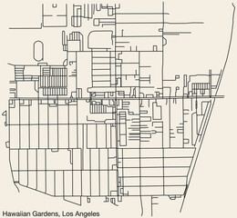 Detailed hand-drawn navigational urban street roads map of the CITY OF HAWAIIAN GARDENS of the American LOS ANGELES CITY COUNCIL, UNITED STATES with vivid road lines and name tag on solid background