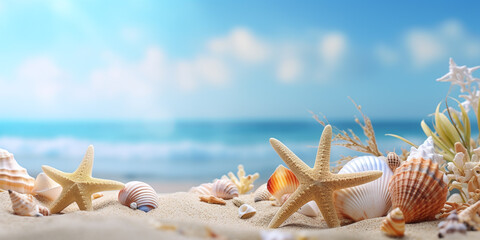 Fototapeta na wymiar Sea sand beach mockup with seashells, starfish at seaside with sea waves background. Suncare template for spf protection cream. Tropical summer vacation beach background. Travel holiday background.