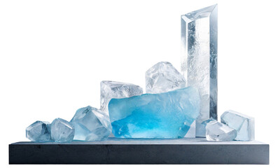 Ice blocks of different sizes on a rectangular pedestal.