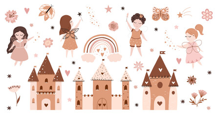 Vector childish cute set with fairy, stars, unicorn, castle, rainbow and butterfly. Fairy with a magic wand vector illustration. Cartoon fairy for baby, girl.	