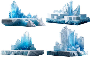 A group of ice pedestals of different shapes and sizes with an ice texture.