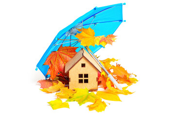 Miniature Wooden House in Autumn Leaves under Toy Umbrella