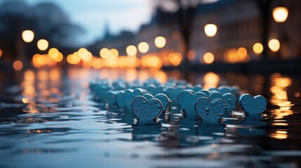 A row of blue hearts sitting on top of a puddle of water.