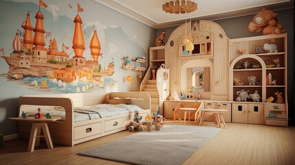 A children's room with wooden toys, a cabinet and carpet