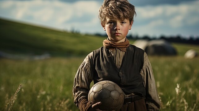A boy in peasant clothes on a football field