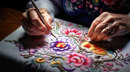 A pensioner who embroiders a beautiful pattern on a tablecloth with patience