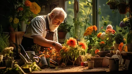 Papier Peint photo Jardin A pensioner from Scandinavia, engaged in gardening on his site