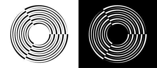 Lines in circle abstract background. Dynamic transition illusion. Black shape on a white background and the same white shape on the black side.