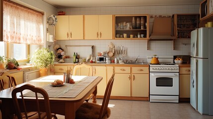 A suburban kitchen with wooden furniture and knitted tablecloths