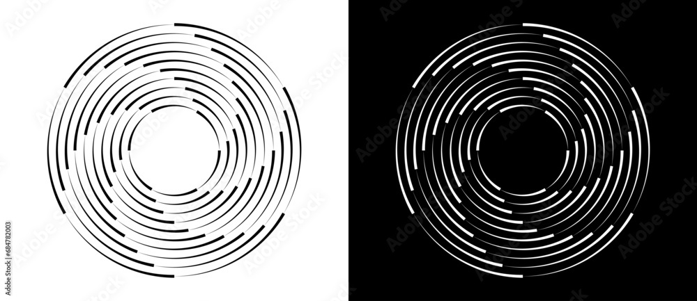 Poster Lines in circle abstract background. Dynamic transition illusion. Black shape on a white background and the same white shape on the black side.
