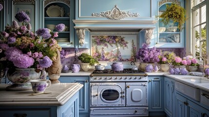 Fototapeta na wymiar Kitchen in the style of Provence with French dishes and floral accents