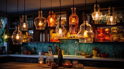 Kitchen with original lamps, decorative bottles and light furniture