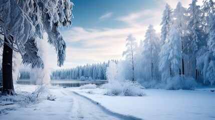 Landscape with a snowy forest - create an atmosphere of a winter fairy tale and cleanliness
