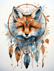 A watercolor painting of a fox with feathers.