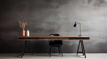 Minimalism is an office with a simple table, black stool and plain walls - obrazy, fototapety, plakaty