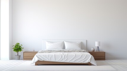 Minimalism a bedroom with white walls, a low bed and minimalistic table lamps