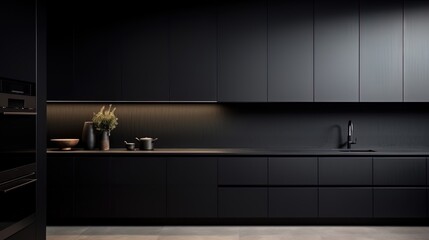 Minimalism is a kitchen with matte black cabinets, steel devices and light walls