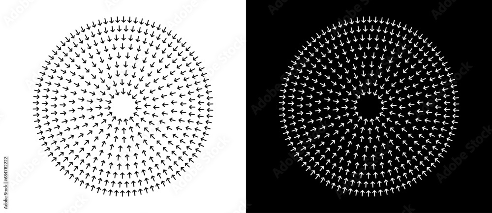 Poster Circle with arrows go to center. Abstract art creative illustration collapse concept. Black shape on a white background and the same white shape on the black side.