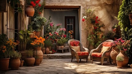 Terrace with rotational furniture, old pots and floral beds