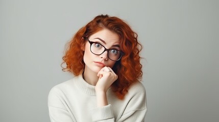 A young European woman wearing glasses with natural red hair stands in a pensive pose trying to choose something or thinking about the above focused future - Powered by Adobe