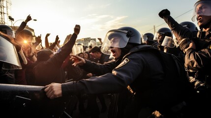 capturing the tumultuous clash between riot police and protesters - obrazy, fototapety, plakaty