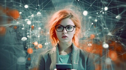 A girl with redheads hair and light skin in a green jacket stands against the background of the Internet that shrouds the earth